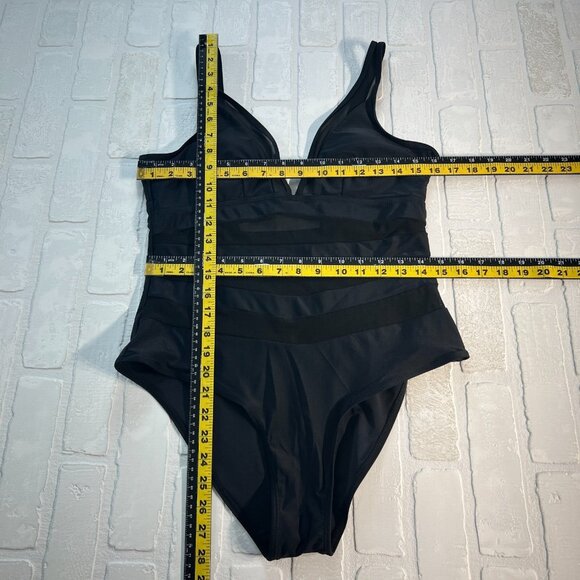 Cutout Mesh Sheer Swimsuit Womens XL Black One Piece Padded Bust V-Neck Low Back - Picture 2 of 11